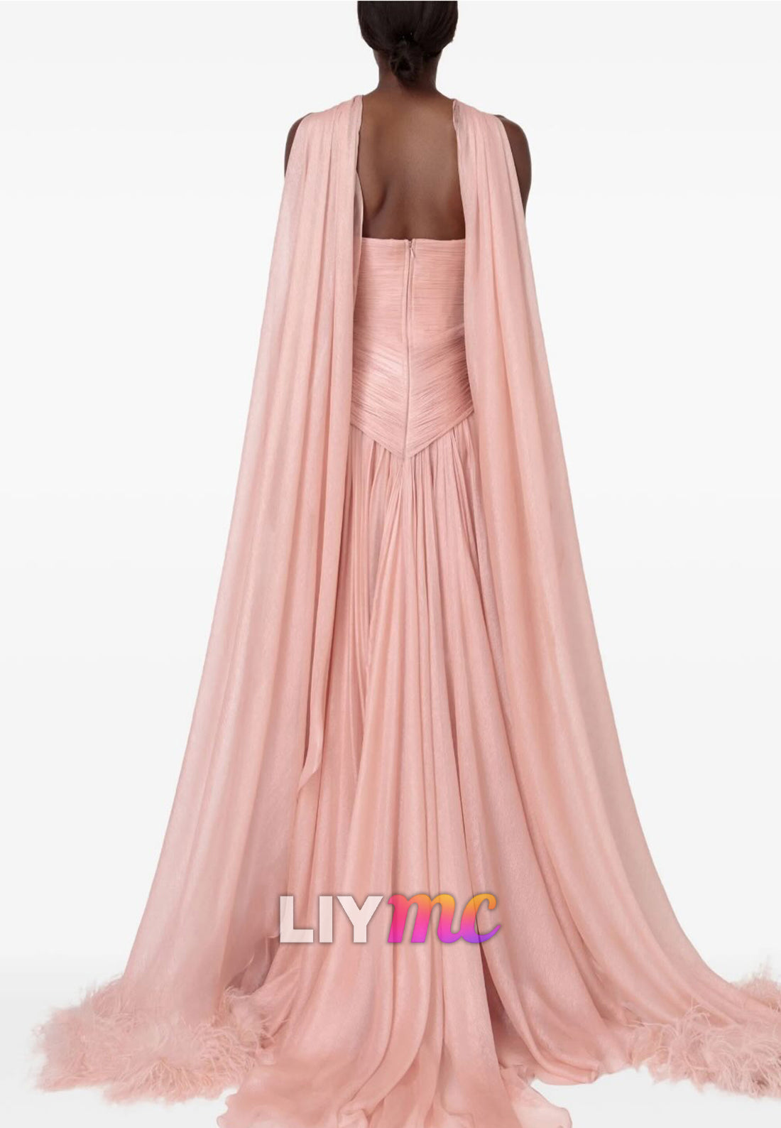 Halter Feathered Pleated A-Line Pink Evening Dress