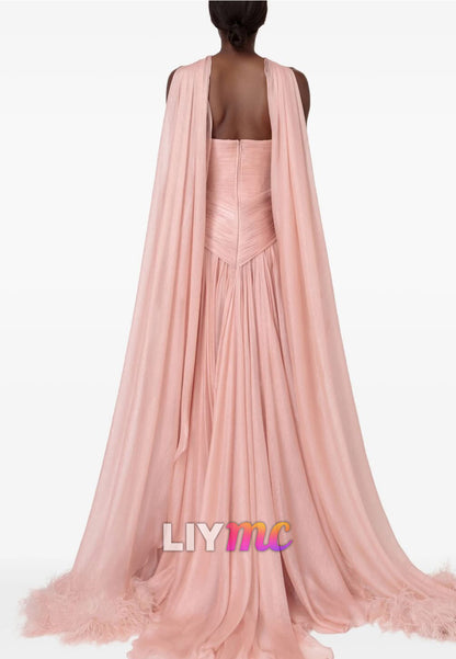 Halter Feathered Pleated A-Line Pink Evening Dress