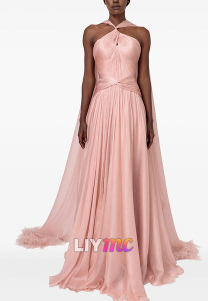 Halter Feathered Pleated A-Line Pink Evening Dress