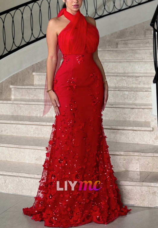 Halter Floral Embellished Sleeveless Mermaid Evening Dress