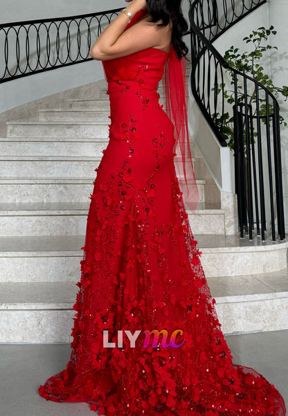 Halter Floral Embellished Sleeveless Mermaid Evening Dress