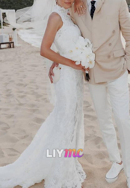 Halter Lace Appliques Mermaid Wedding Dress