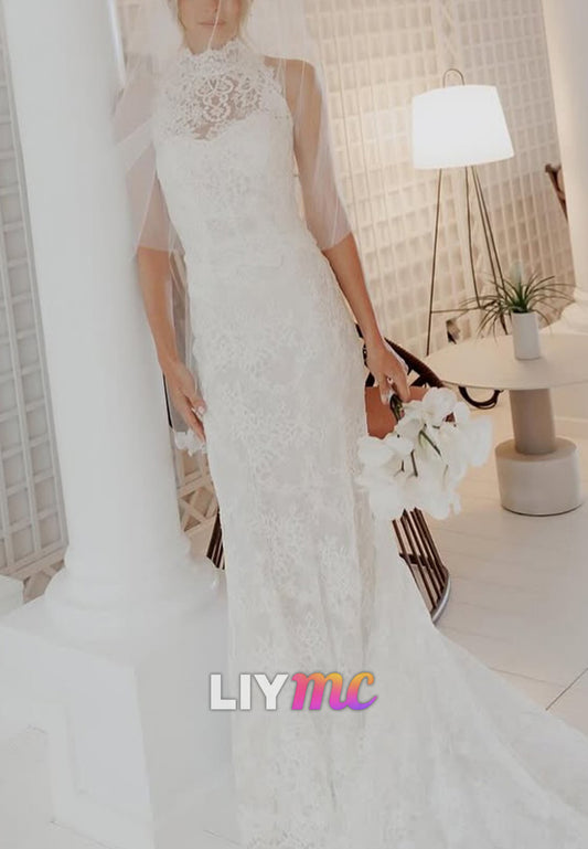 Halter Lace Appliques Mermaid Wedding Dress