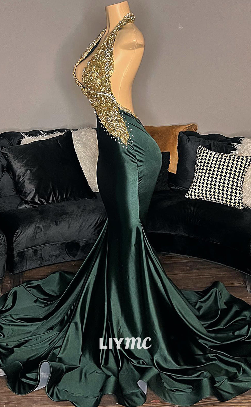 LP1421 - Halter Low V-Neck Appliques Open Back Sleek Satin Mermaid Prom Dress for Black Girls Slay