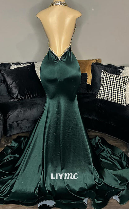 LP1421 - Halter Low V-Neck Appliques Open Back Sleek Satin Mermaid Prom Dress for Black Girls Slay