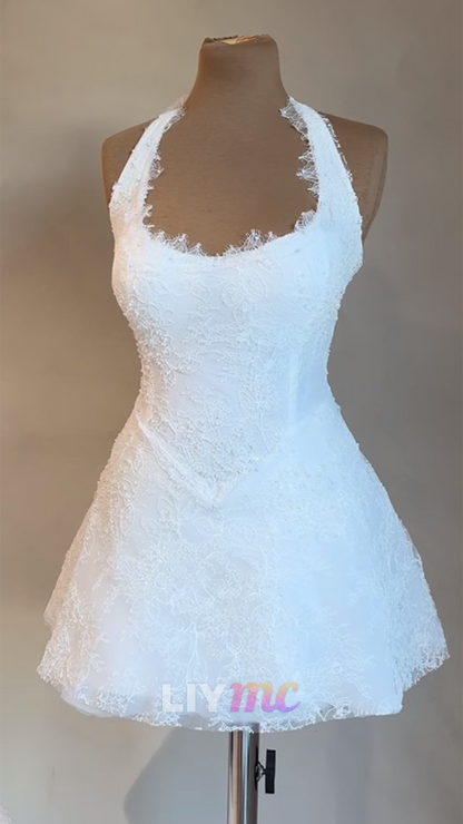 Halter Scoop Lace Appliques Short A-Line Wedding Dress
