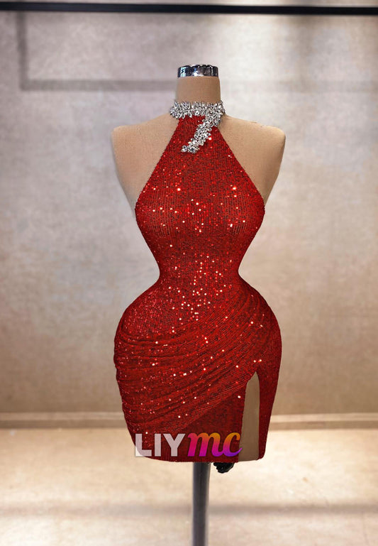 Halter Sequins Pleated Sparkly Sheath Party Homecoming Dress