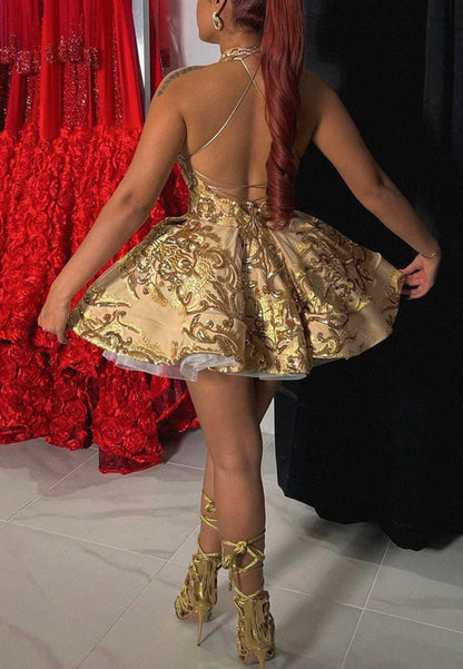 LY047 - Halter Sleeveless Appliques A-Line Pleated Short Homecoming Dress
