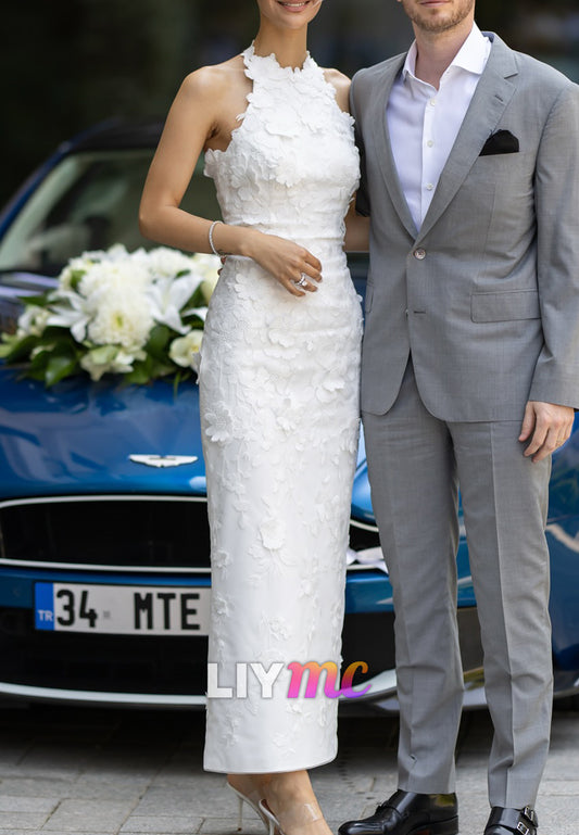 Halter Sleeveless Appliques Sheath Vintage Wedding Dress