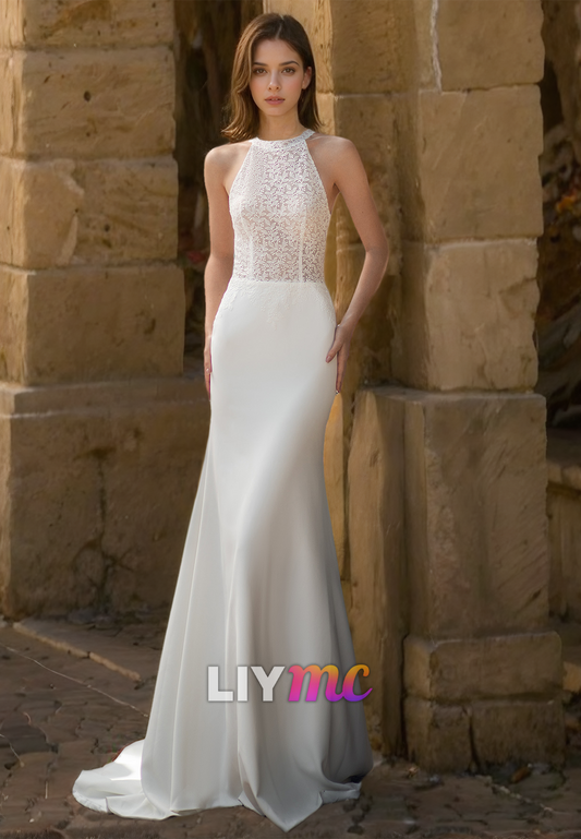 Halter Sleeveless Appliques Sleek Mermaid Removable Train Wedding Dress