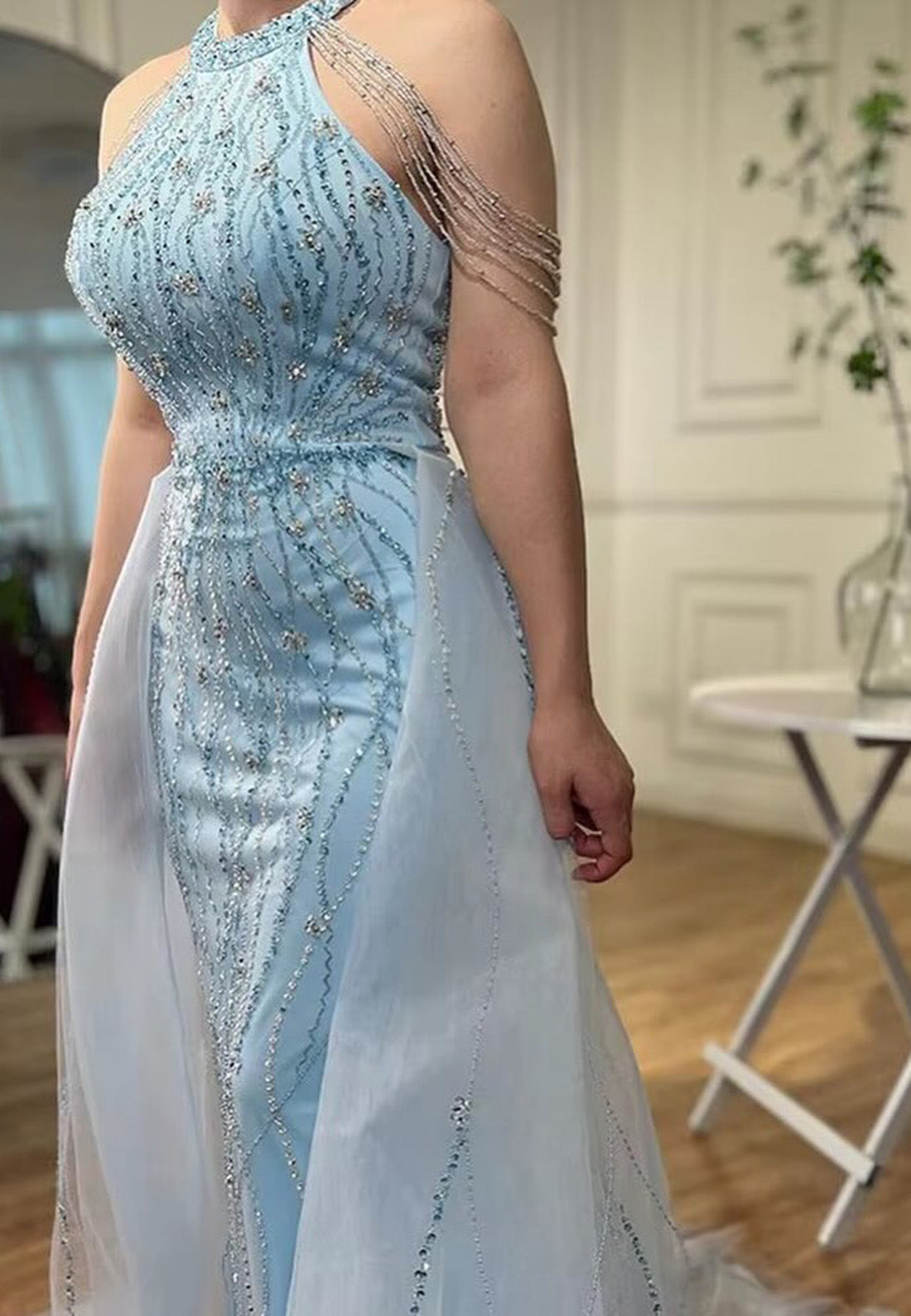Halter Sleeveless Beaded Embroidery Sheath Sparkly Evening Dress