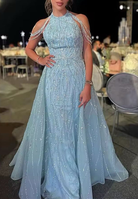 Halter Sleeveless Beaded Embroidery Sheath Sparkly Evening Dress