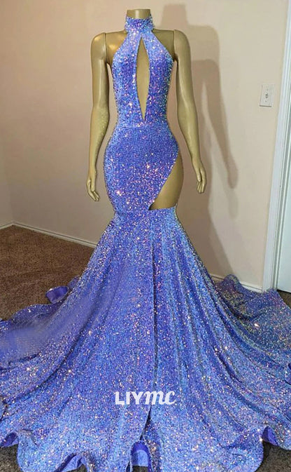 LP1434 - Halter Sleeveless Cut Outs Sequins Sparkly Mermaid Prom Dress for Black Girls Slay