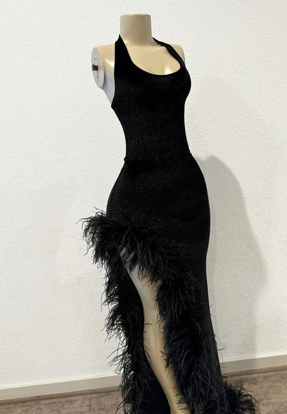 Halter Sleeveless Feathered Side Slit Mermaid Prom Dress for Black Girls