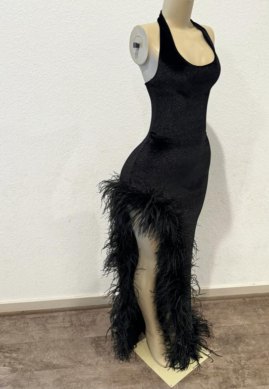 Halter Sleeveless Feathered Side Slit Mermaid Prom Dress for Black Girls