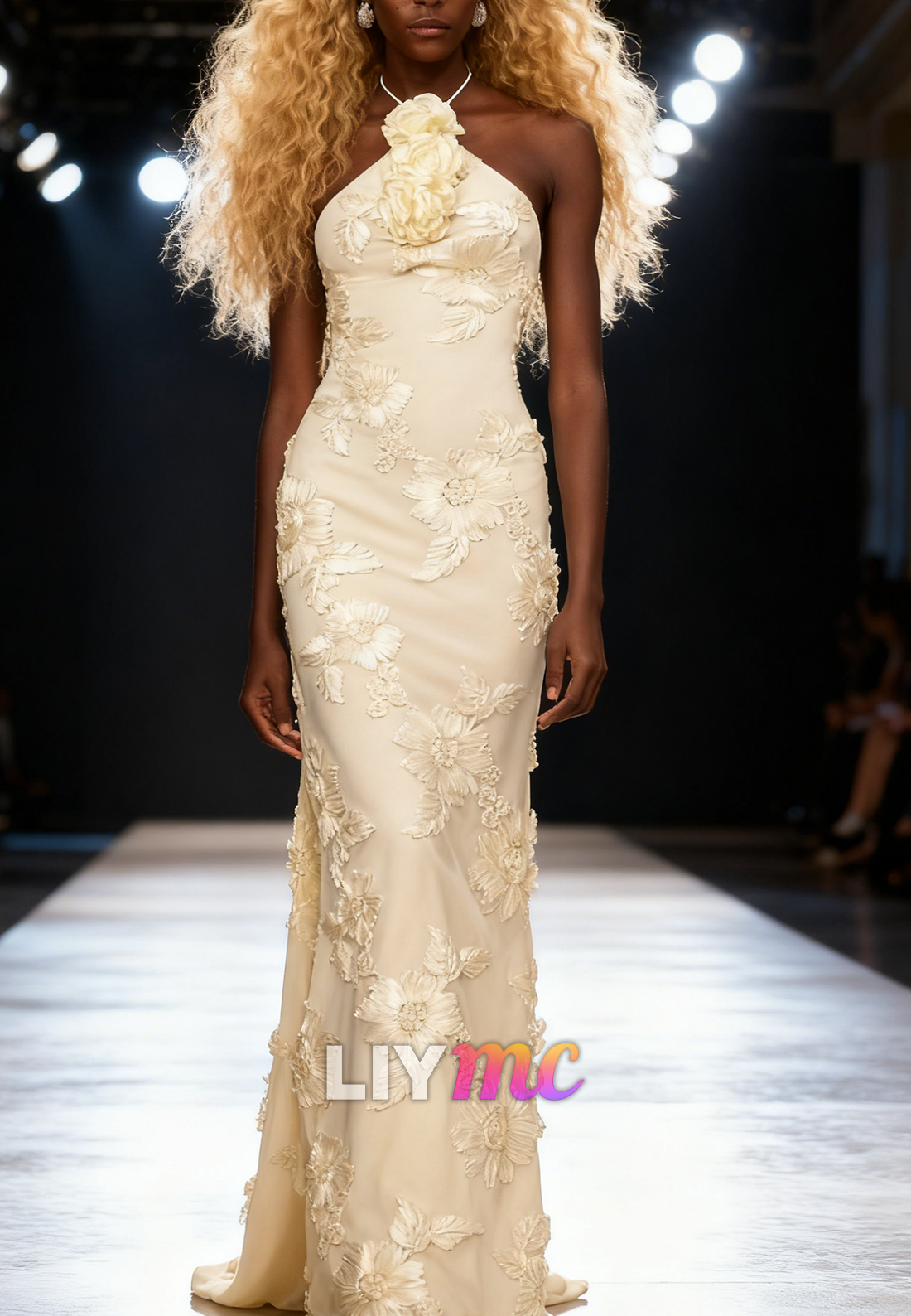 Halter Sleeveless Floral Embellished Mermaid Prom Dress