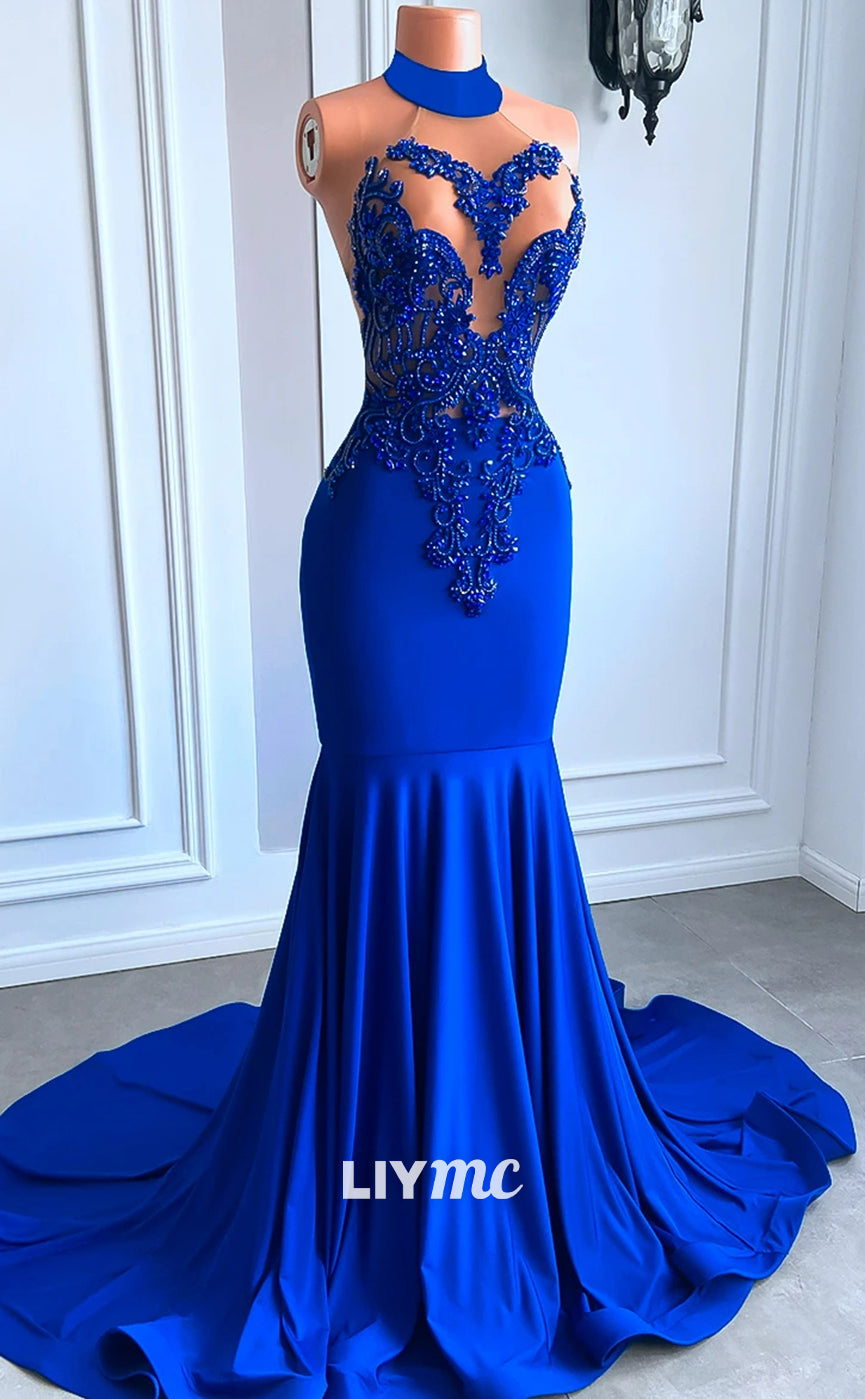 LP1438 - Halter Sleeveless Illusion Beaded Pleated Satin Prom Dress for Black Girls Slay