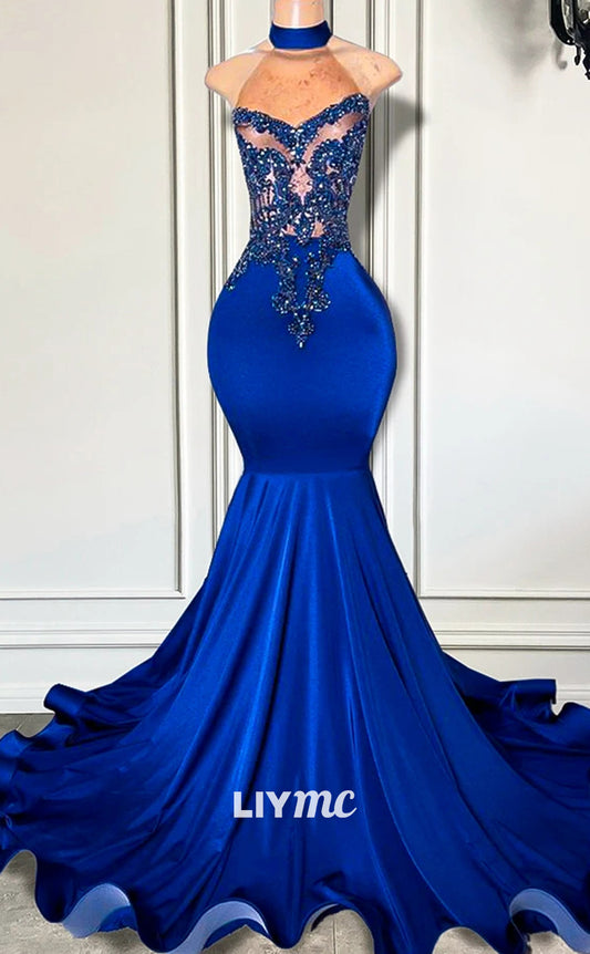 LP1438 - Halter Sleeveless Illusion Beaded Pleated Satin Prom Dress for Black Girls Slay