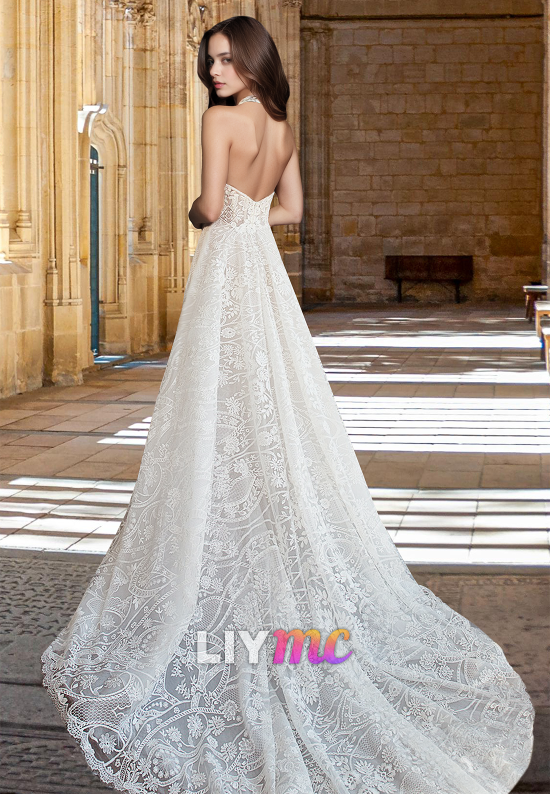 Halter Sleeveless Lace Appliques A-Line Boho Wedding Dress – Liymc