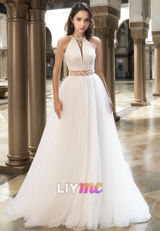 Halter Sleeveless Lace Appliques A-Line Boho Wedding Dress