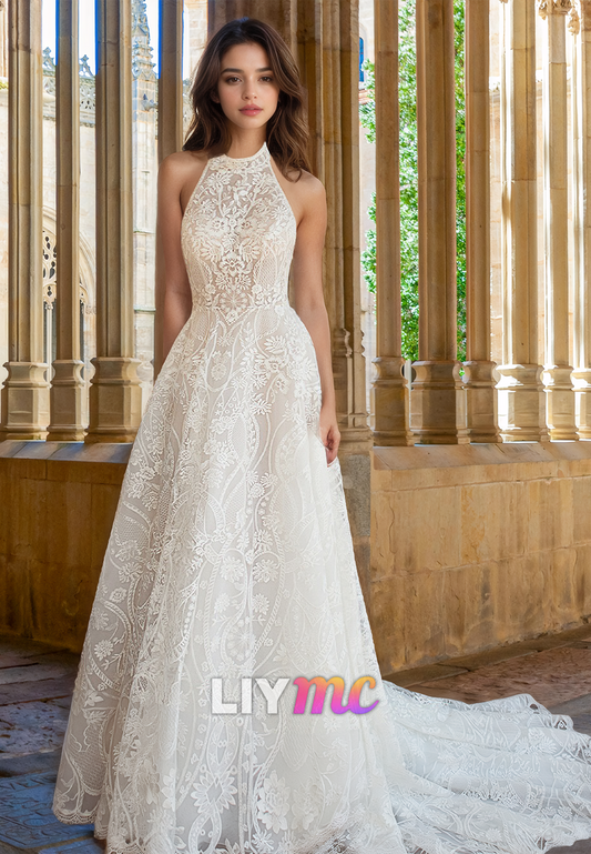 Halter Sleeveless Lace Appliques A-Line Boho Wedding Dress