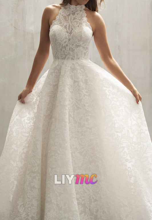 Halter Sleeveless Lace Appliques A-Line Wedding Dress