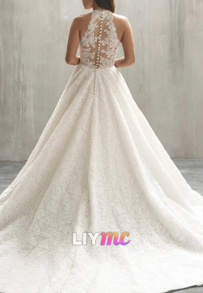 Halter Sleeveless Lace Appliques A-Line Wedding Dress