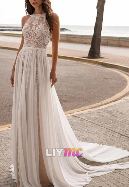 Halter Sleeveless Lace Appliques Tulle Boho Wedding Dress