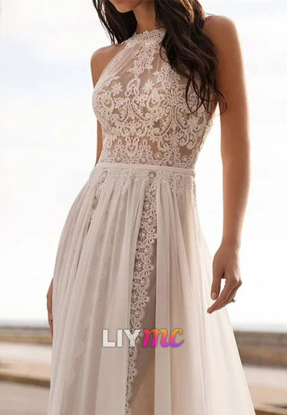 Halter Sleeveless Lace Appliques Tulle Boho Wedding Dress