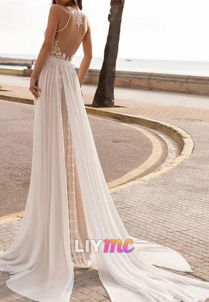 Halter Sleeveless Lace Appliques Tulle Boho Wedding Dress