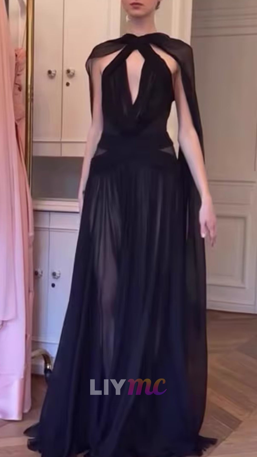 Halter Sleeveless Pleated A-Line Evening Dress with Shawl