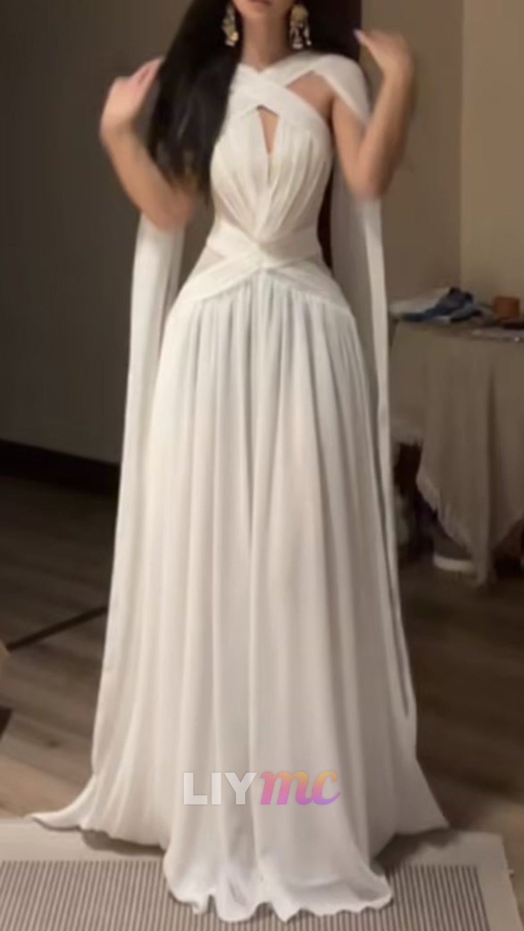 Halter Sleeveless Pleated A-Line Evening Dress with Shawl