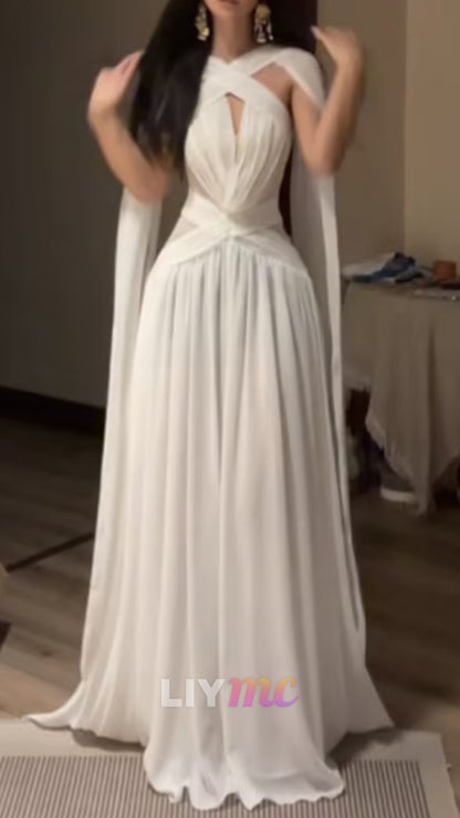 Halter Sleeveless Pleated A-Line Evening Dress with Shawl