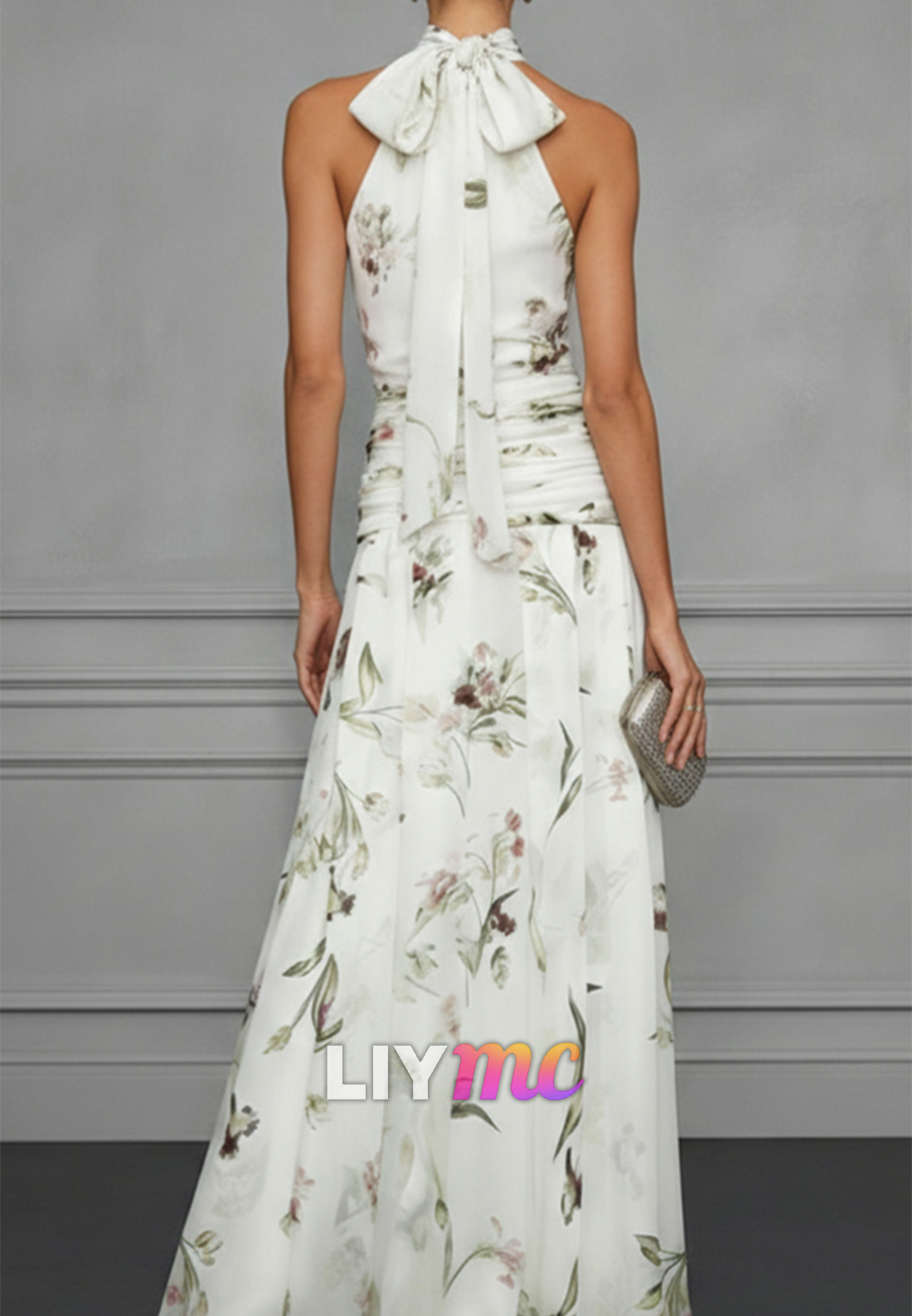 Halter Sleeveless Pleated Floral Printed A-Line Wedding Guest Dress