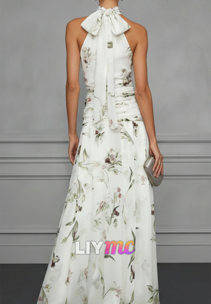Halter Sleeveless Pleated Floral Printed A-Line Wedding Guest Dress