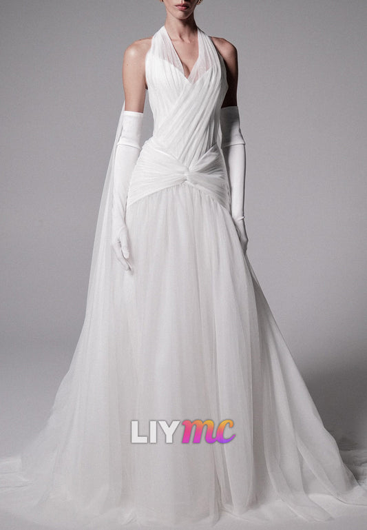 Halter Sleeveless Pleated Tulle A-Line Wedding Dress
