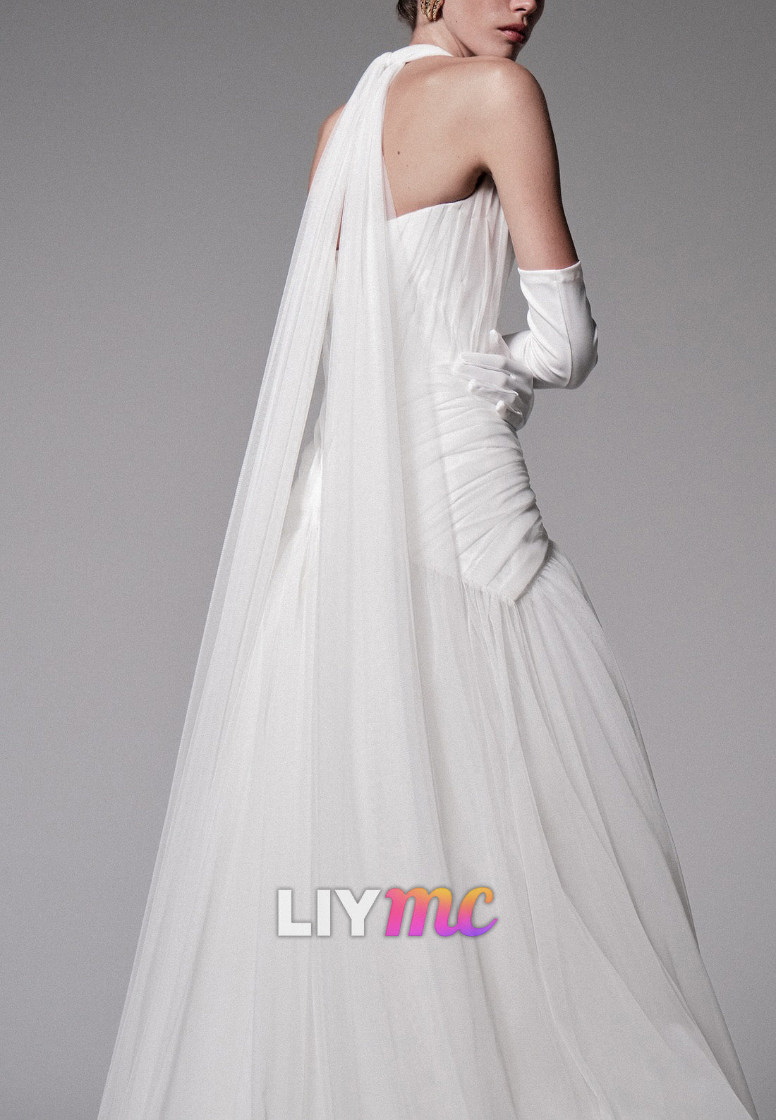 Halter Sleeveless Pleated Tulle A-Line Wedding Dress