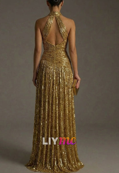 Halter Sleeveless Sequins Pleated A-Line Evening Dress