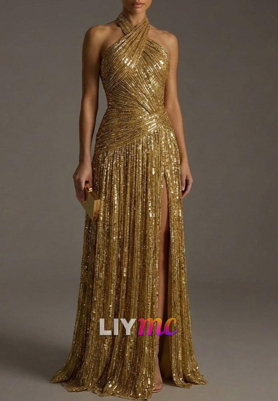 Halter Sleeveless Sequins Pleated A-Line Evening Dress