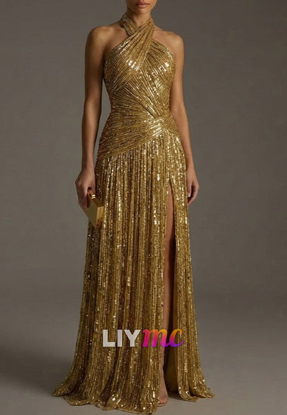 Halter Sleeveless Sequins Pleated A-Line Evening Dress