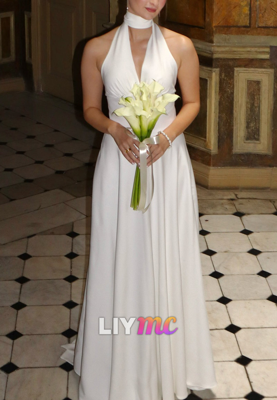 Halter Sleeveless Sleek A-Line Simple Beach Wedding Dress