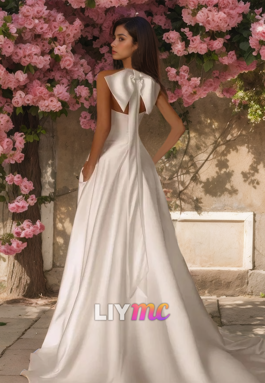 Halter Sleeveless Sleek Satin A-Line Wedding Dress