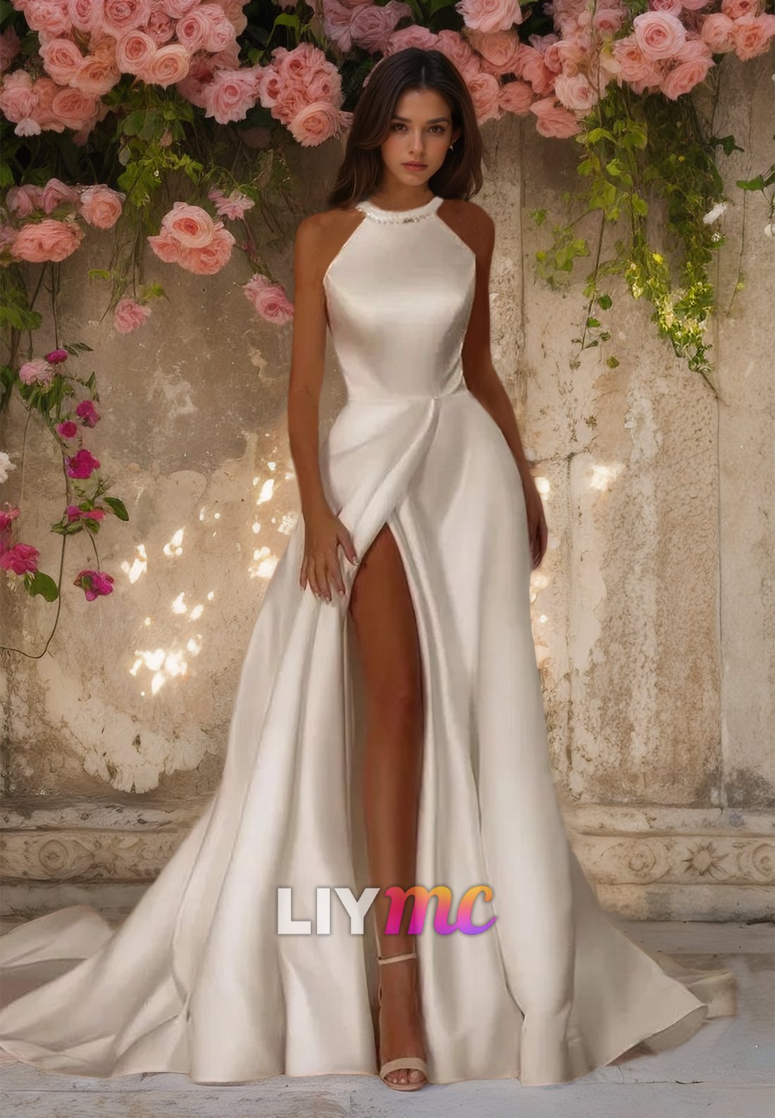 Halter Sleeveless Sleek Satin A-Line Wedding Dress