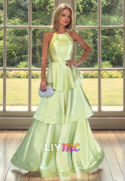 Halter Sleeveless Tiered Sleek Satin A-Line Mother of Bride Dress