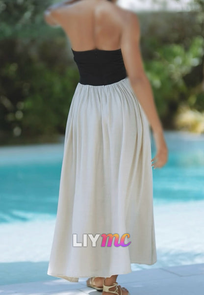 Halter Sleeveless White Black Pleated A-Line Party Dress