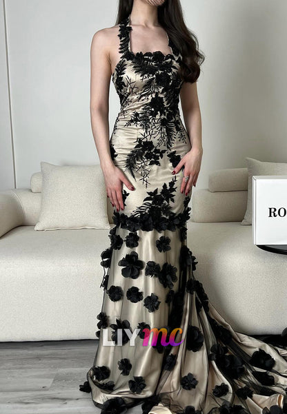 Halter Square 3D Floral Appliques Mermaid Prom Dress