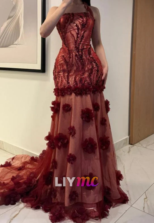 Halter Square Appliques 3D Floral Mermaid Prom Dress