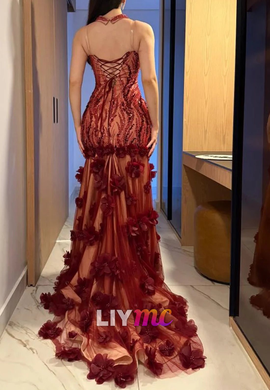 Halter Square Appliques 3D Floral Mermaid Prom Dress