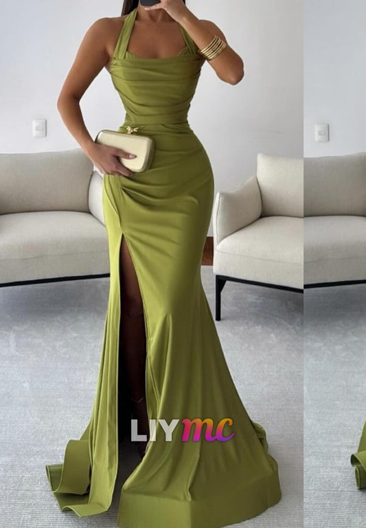 Halter Square Sleeveless Side Slit Mermaid Fitted Prom Dress