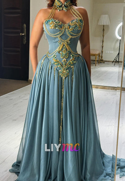 Halter Sweetheart Appliques Pleated A-Line Prom Dress